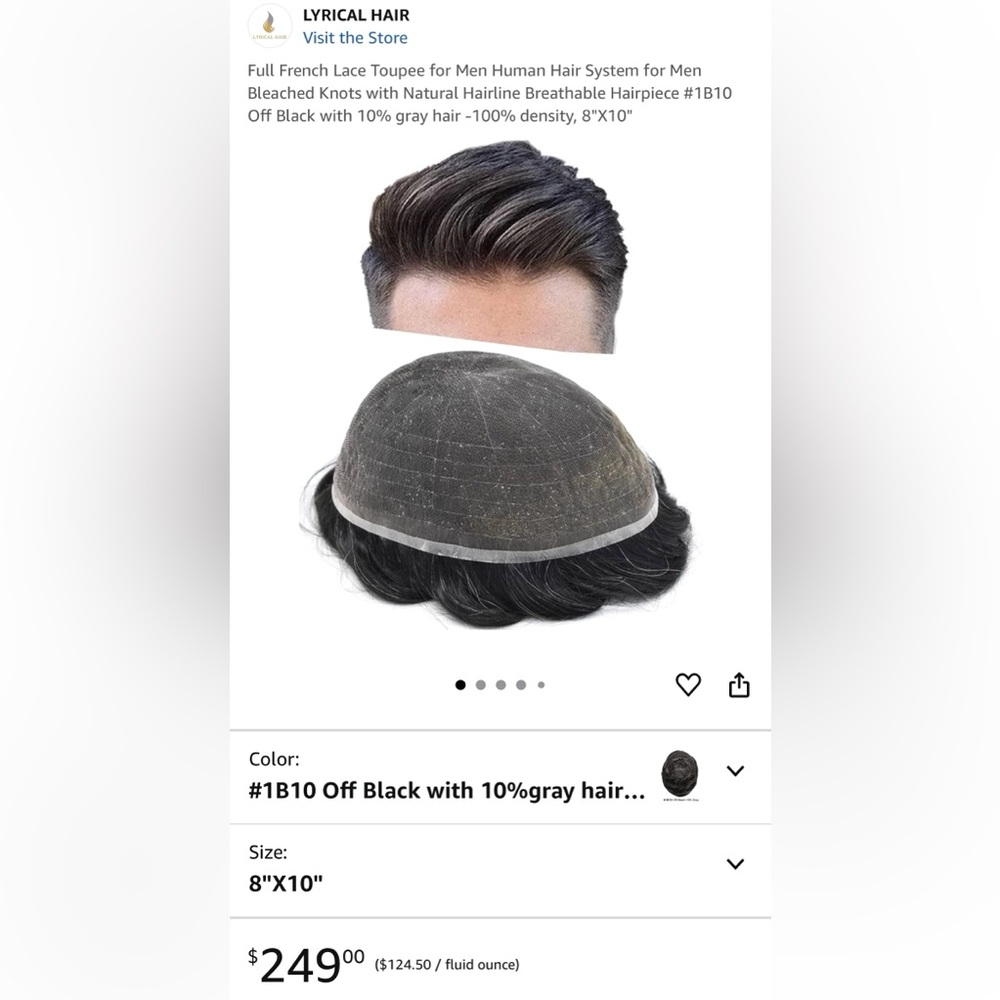 HUMAN HAIR Men’s Hairpiece Breathable Off Black 10% gray hair 100% density